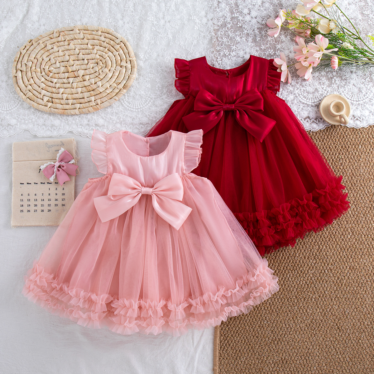 Babymeisjesjurk Zomer Strikje Tule Mouwloze meisjesjurk Schattige bruiloft Bloemenmeisjesoutfit Babymeisjeskleding