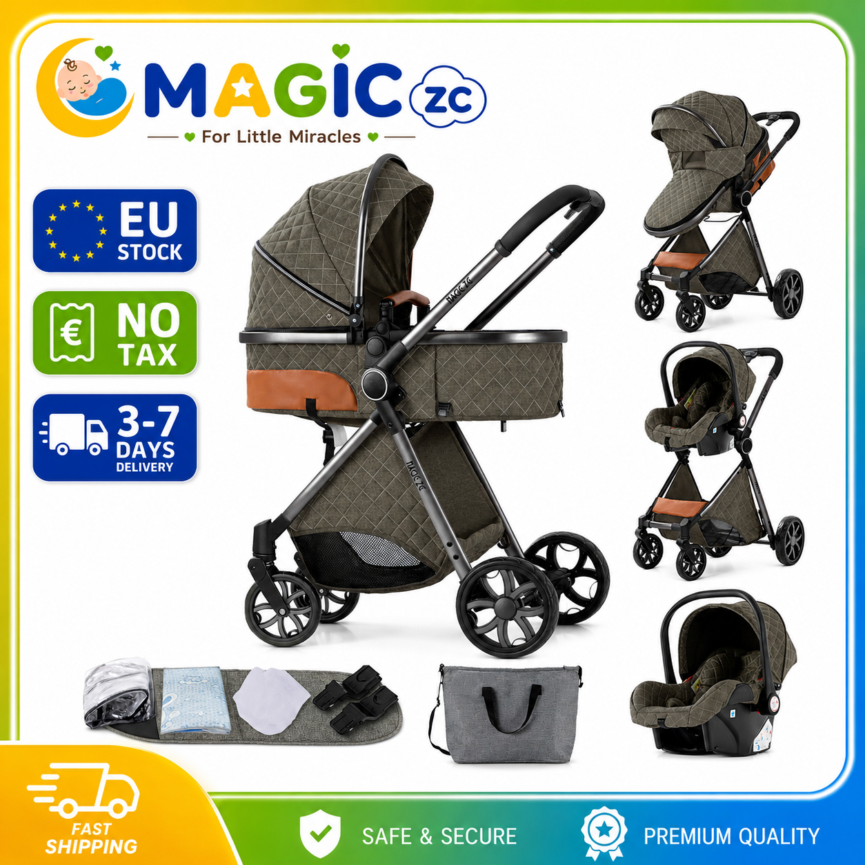 3-in-1 Kinderwagen für Neugeborene, Babytragetasche, Buggy, Wendbarer Kinderwagen, Faltbarer Reise-Kinderwagen mit Babytragetasche, Autositz, Babywiege, Sitzkissen, Wickeltasche, Regenschutz, Moskitonetz, Zubehör für Babys von 0-36 Monaten