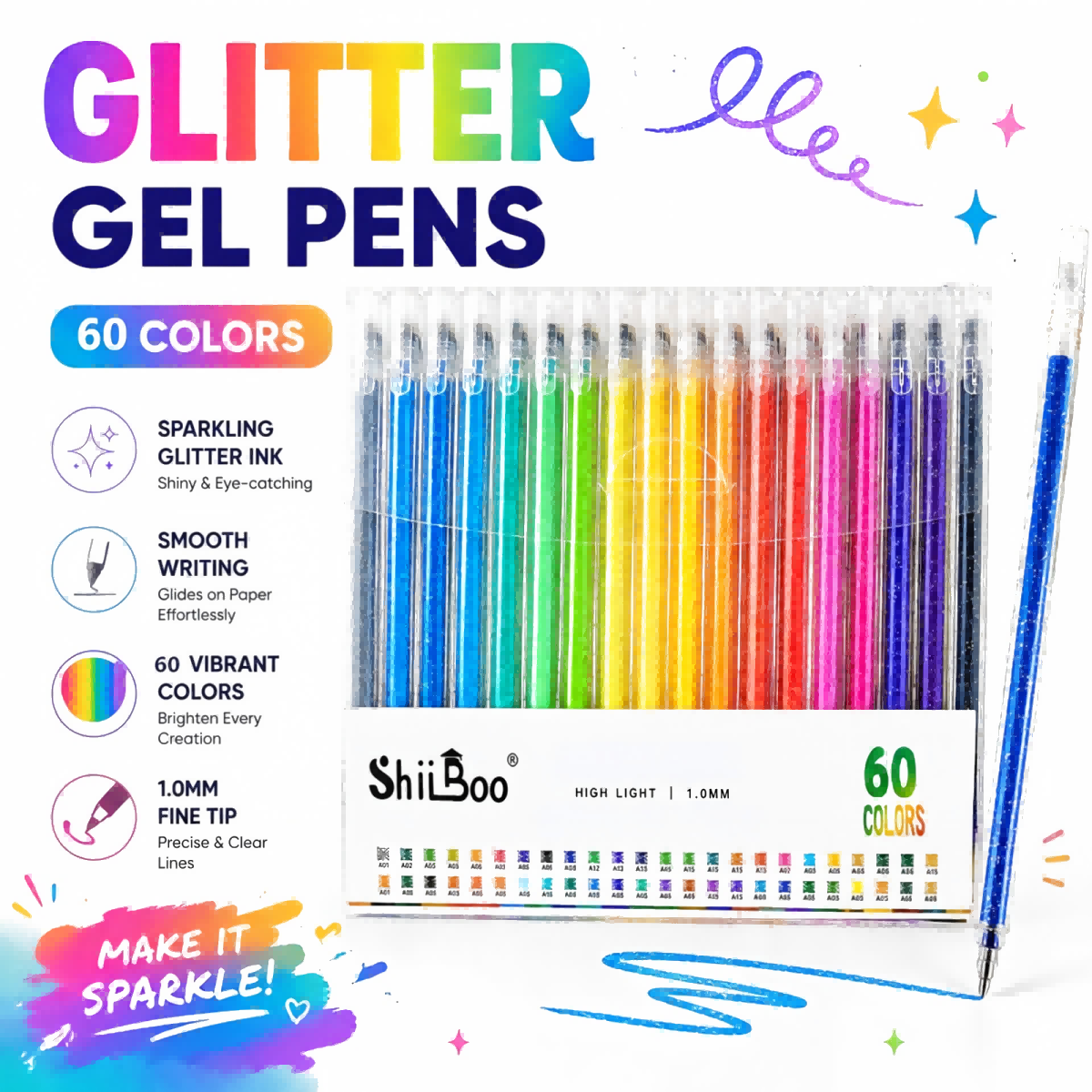ปากกาเจลกลิตเตอร์ 60 สี ขนาด 1.0 มม. ปากกาลูกลื่นเมทัลลิกกลิตเตอร์ สำหรับเขียนบนกระดาษ การ์ด ไดอารี่ วาดภาพ ระบายสี งาน DIY ศิลปะ