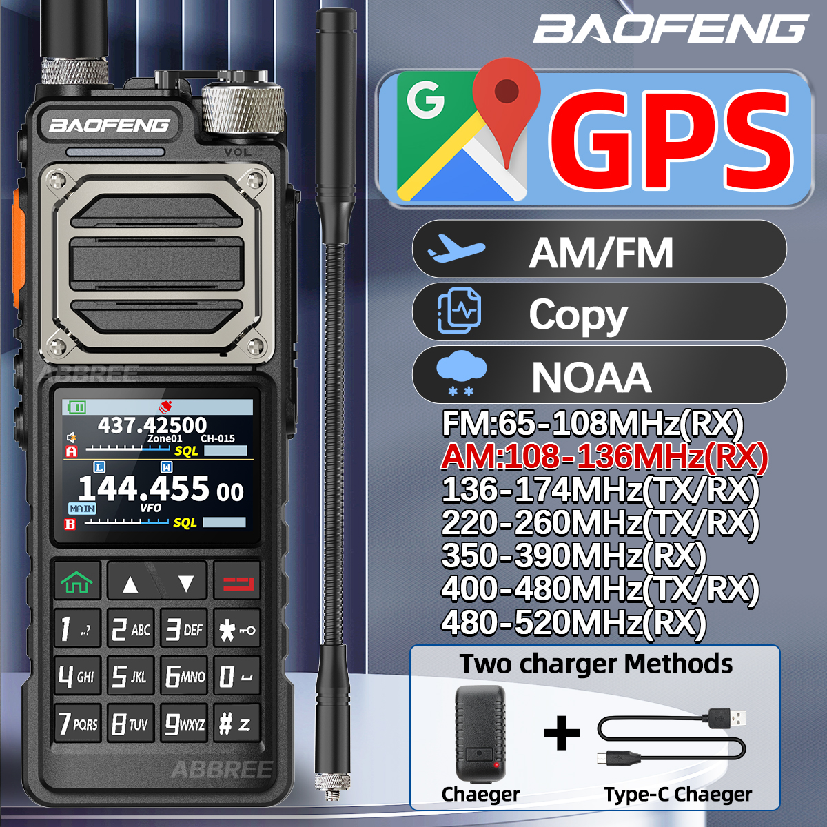 BAOFENG UV-25 PRO GPS Walkie Talkie 10W Multi Band 1000CH Tipo-C Caricatore 5200mAh per UV-5R Amateur Bidirezionale Ham Radio per il campeggio