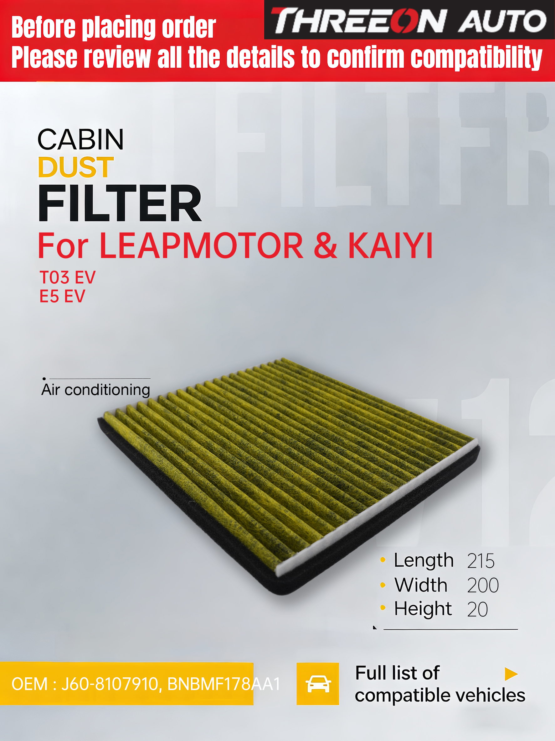 WESTGUARD-filtro de cabina de aire de carbón activado, accesorio para Leapmotor T03 2021, BNBMF178AA1 MK9210