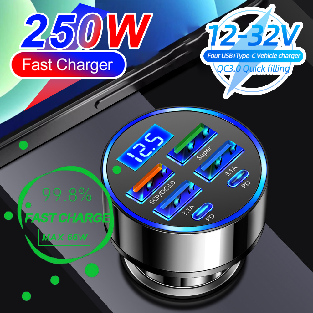 Chargeur de voiture PD 250W QC3.0, Charge rapide, deux à Six ports, prise allume-cigare, Charge Flash avec affichage numérique