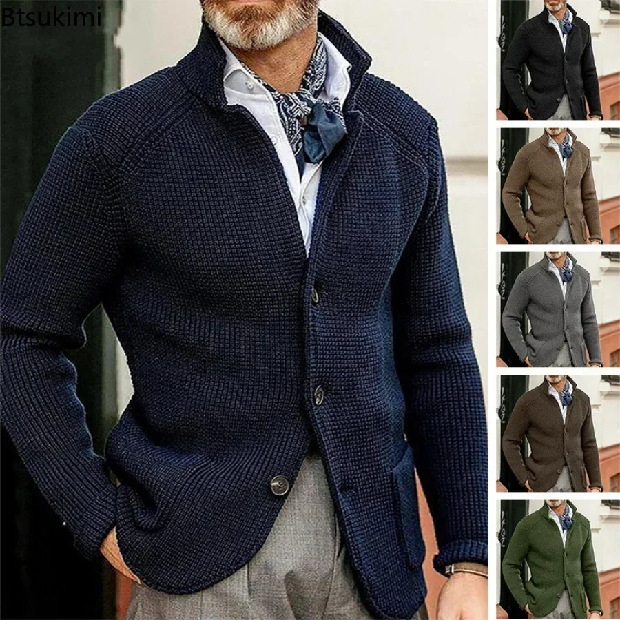 2025 Men's Stand Collar Knitted Coat Long Sleeve Sweater Cardigan Jacket Solid Thick Warm Casual Cardigan Knitting Sweatercoat
