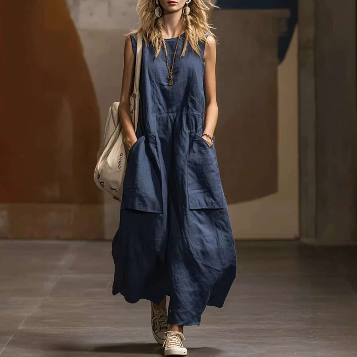 2026 Sommer Locker und schlicht geschnittenes ärmelloses Damenkleid aus Baumwolle und Leinen – Neue modische Freizeitkleider mit Taschen für den Urlaub