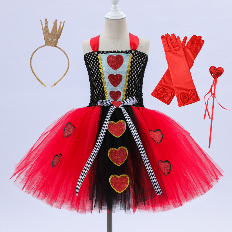 Meninas rainha de corações traje crianças halloween vestir-se fantasia tutu vestido com coroa clássico país das maravilhas vermelho rainha vestido roupas