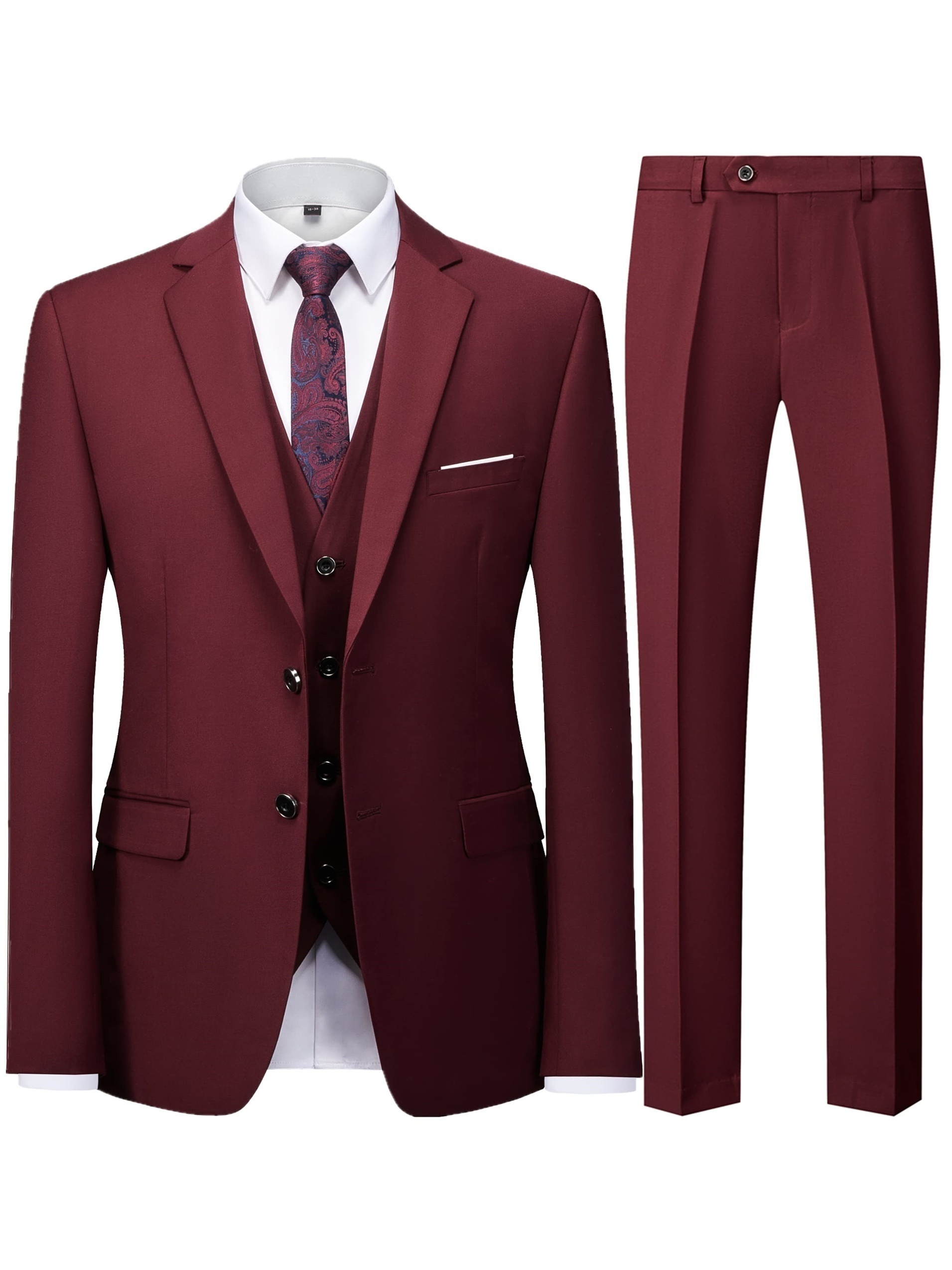 Zweiteiliger Herrenanzug in Burgunderrot (nur Blazer + Hose, Weste nicht enthalten), schmal geschnittene Jacke und Hose für formelle Anlässe, Business, Hochzeit, Party