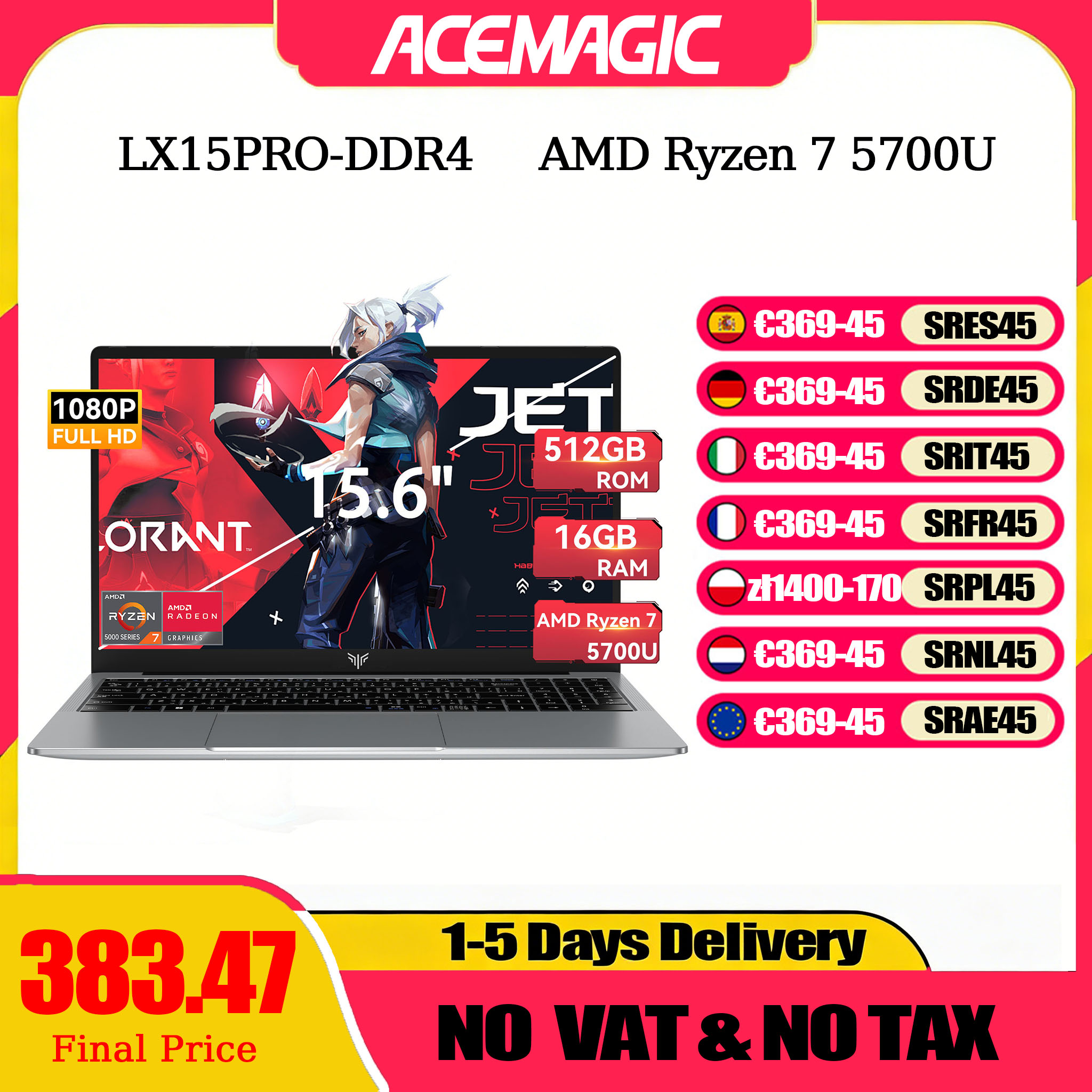 ACEMAGIC LX15Pro ordenador portátil AMD Ryzen 7 5700U Windows portátil 15,6 pulgadas IPS 16GB DDR4 512GB NVMe SSD teclado numérico