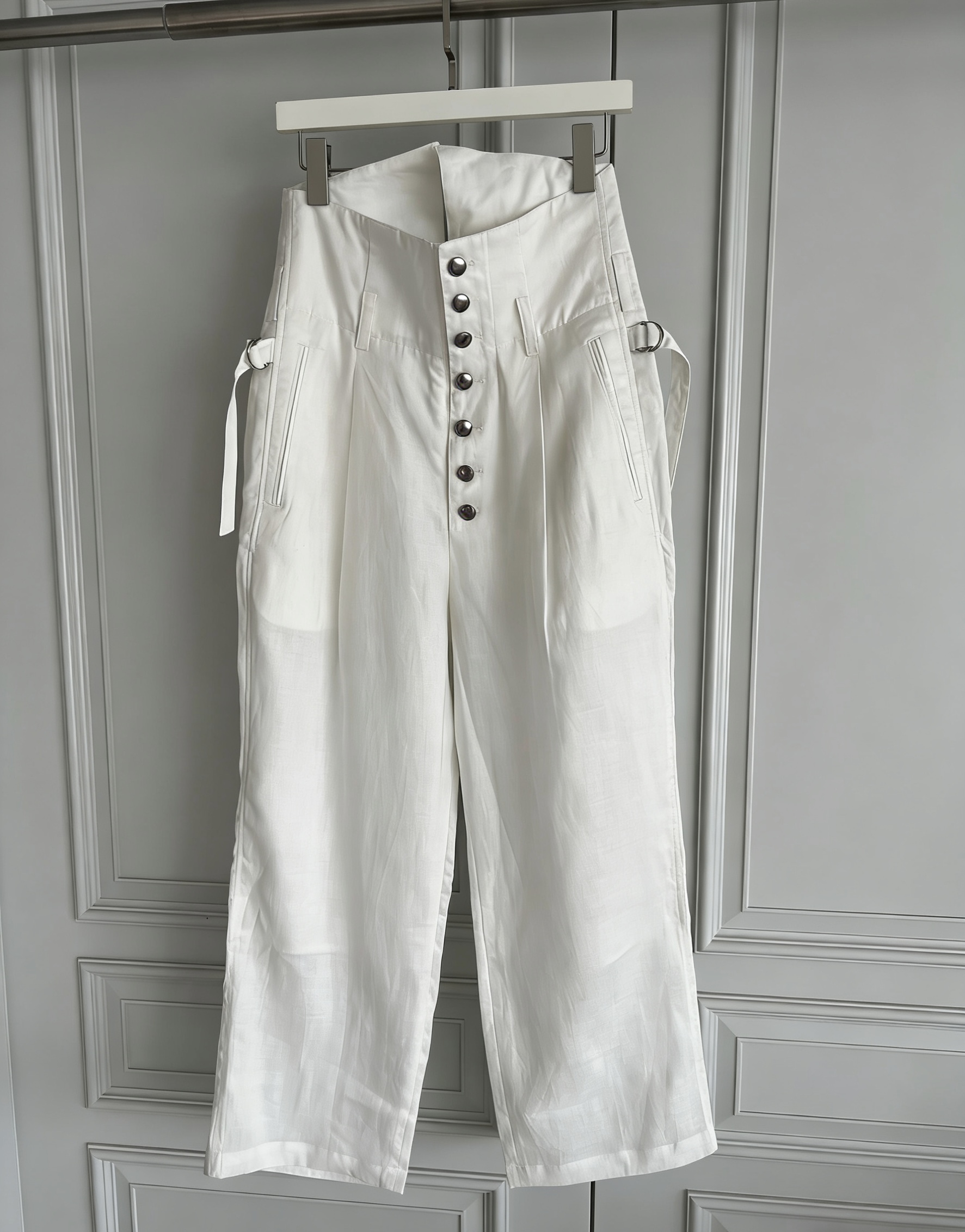 TOP-YAMAMOTO pantaloni larghi casual da uomo in lino bianco e nero a vita alta dal design originale