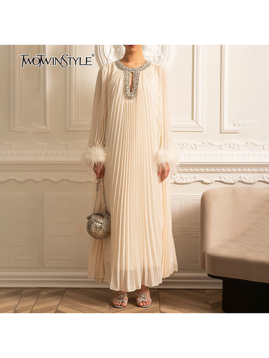TWOTWINSTYLE – robe ample en plumes pour femmes, élégante, Patchwork, col rond, manches longues, diamant, mi-longue, couleur unie, mode féminine