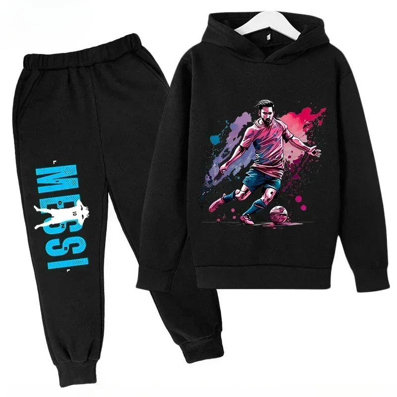 Conjunto deportivo con estampado de Messi para niños, sudadera con capucha y pantalones, conjunto de 2 uds., ropa informal para niños y niñas, traje deportivo de moda para otoño e invierno