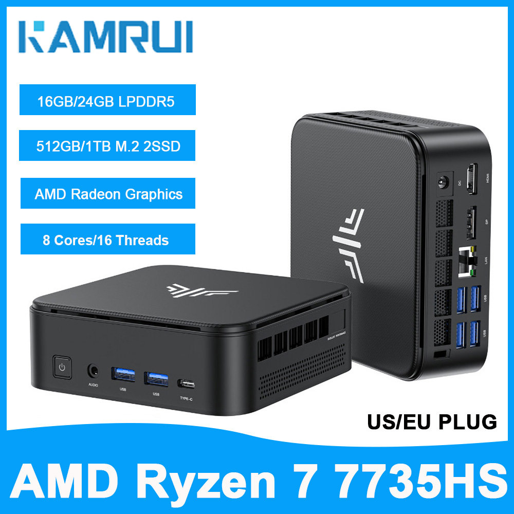 KAMRUI Mini Komputer Gamingowy AMD Ryzen7 7735hs 16GB/24GB LPDDR5 1TB/512GB M.2 SSD Max 4.75GHz WiFi6 BT5.2 Win11pro do Komputera Stacjonarnego