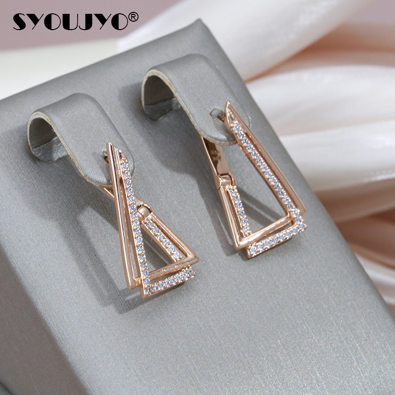 SYOUJYO Dreieck Geometrie 585 Rose Gold Farbe Ohrringe Für Frauen Trendy Natürliche Zirkon Edlen Schmuck One Touch Englisch Ohrringe
