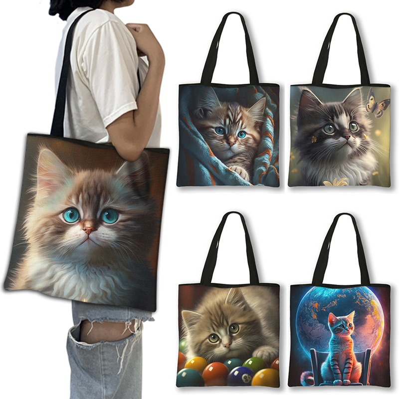 Bolso de hombro con estampado de gatito Kawaii, bolsos de mano con gráficos de dibujos animados de gatos y animales, bolso de mano de gran capacidad para mujer, bolsas de compras reutilizables para regalo