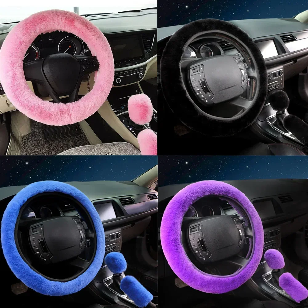 Housse en peluche pour volant de voiture, 3 pièces/ensemble, fourrure moelleuse et épaisse, laine douce, rose, bleu, violet, noir, pour volant de 38cm, hiver