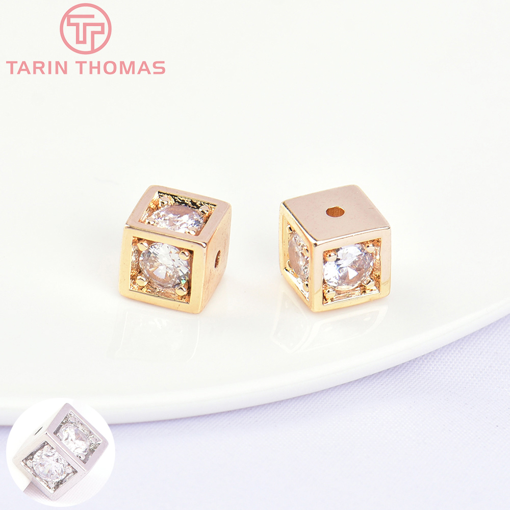 (5727)4PCS 6.5x7MM 24K Colore Oro Ottone con Zircone Quadrato Perline Del Distanziatore Braccialetto Perline Accessori di Gioielli di Alta Qualità