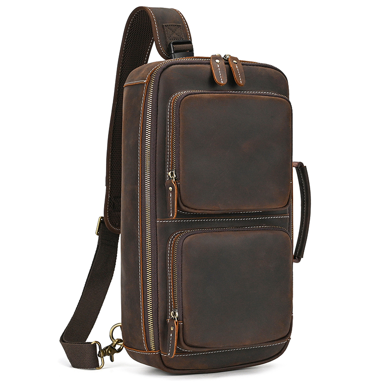 Sac de poitrine en cuir de grande taille, sac à dos en cuir véritable pour hommes, sacs à bandoulière simple, sac de poitrine avec poignée