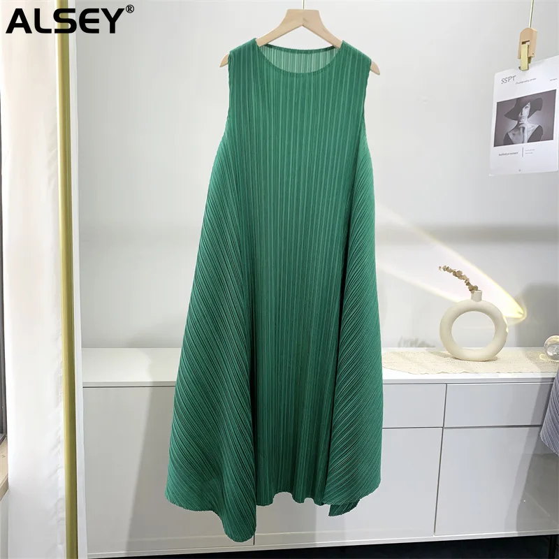ALSEY Miyake plisowana moda damska bez rękawów na lato nowa elegancka sukienka z okrągłym dekoltem w jednolitym kolorze luźna prosta w stylu Casual, imprezowa sukienka