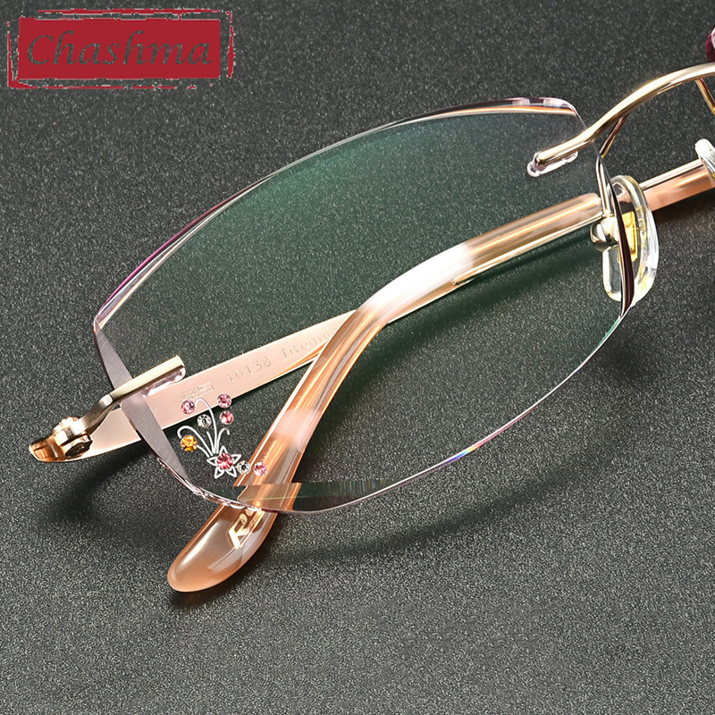 Okulary korekcyjne Chashma damskie, bezramkowe oprawki, luksusowe grawerowane kryształowe tytanowe okulary z barwionymi szkłami, możliwość personalizacji soczewek.