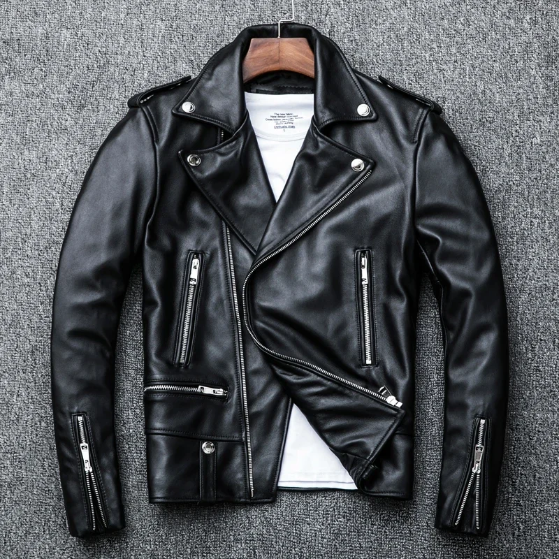 Giacca in Pelle di Pecora Naturale Primaverile e Autunnale, Nera, Morbida, da Uomo, per Motociclisti, Abbigliamento Moto, Cappotto Corto Slim da Biker