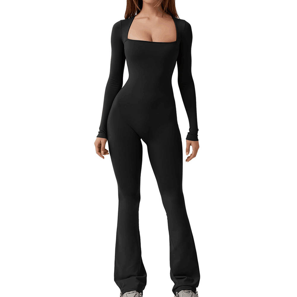 ผู้หญิงใหม่ฤดูใบไม้ร่วงแขนยาวสแควร์คอ SLIM FIT Flared Bodycon Jumpsuit กางเกง Romper Playsuit Elegant Simple ผู้หญิง Jumpsuit