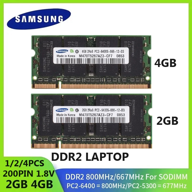 1/2PCS Memória RAM SAMSUNG DDR2 SODIMM para Notebook 4GB 2GB 667Mhz PC2-5300s 800MHz PC2-6400S Não ECC Não Bufferizada 1.8V CL5 2RX8 para Laptop