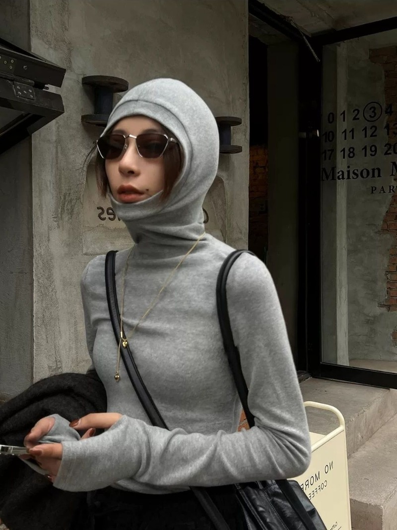 Jersey liso de manga larga con capucha para mujer, jerséis con capucha de cuello alto ajustados a la moda para otoño e invierno