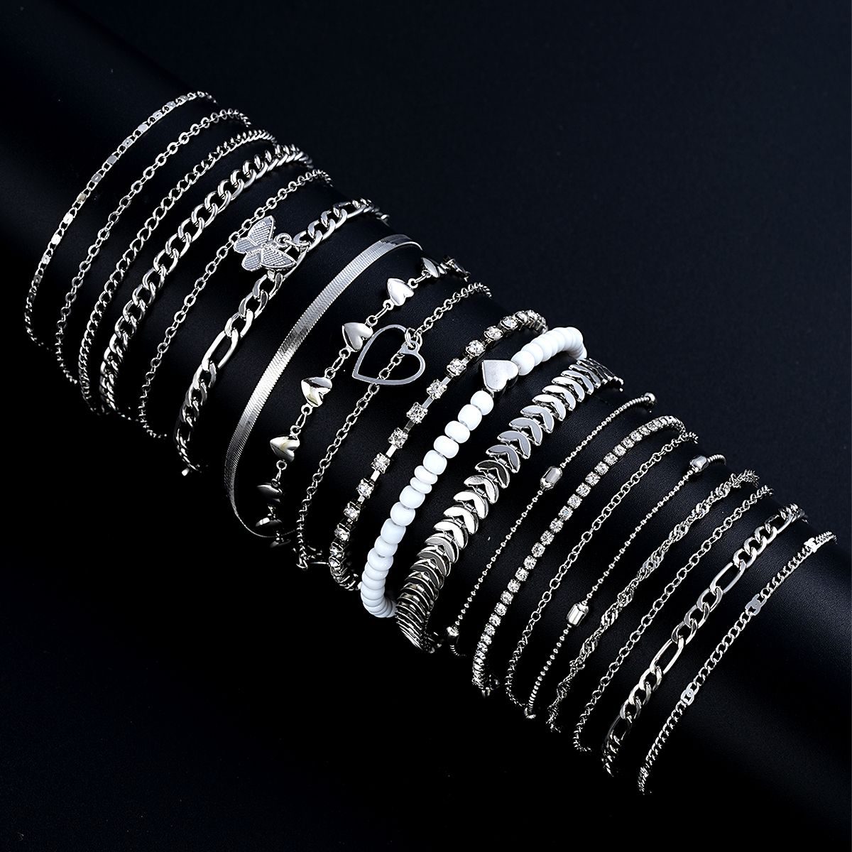 19 pz/set nuovo design set di cavigliere color argento per le donne moda perla farfalla cuore cristallo catena del piede gioielli quotidiani versatili