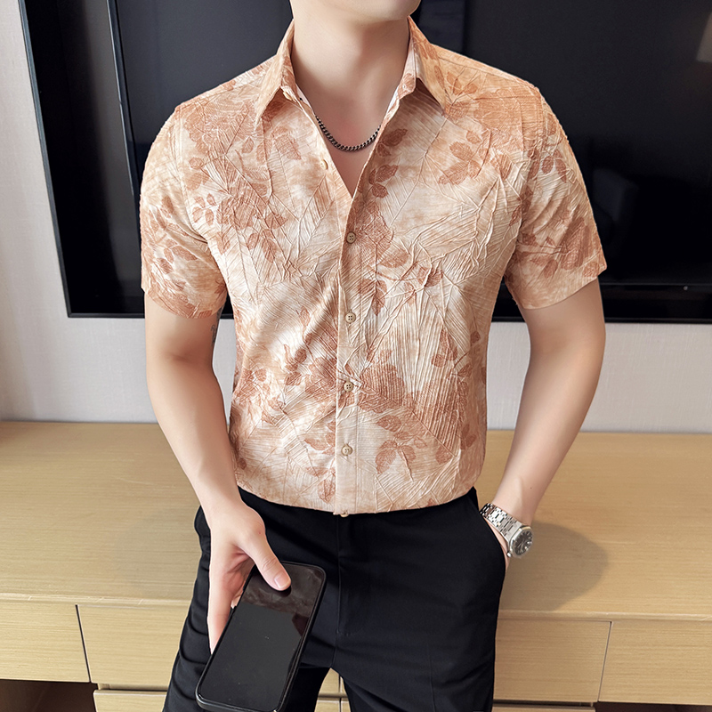 Camicia a maniche corte stampata di alta qualità per uomo Camicia a pieghe casual slim fit Camicia da lavoro e sociale senza ferro Abbigliamento da uomo