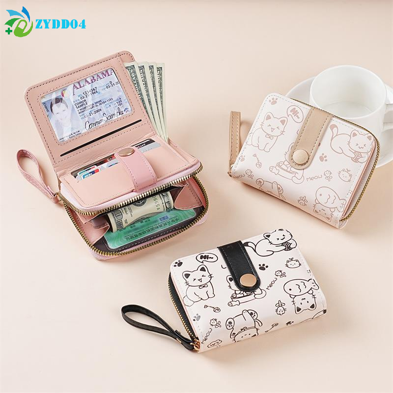 ● Portafoglio Corto da Donna in Pelle PU con Gatto Decorativo, Portamonete Pieghevole con Cerniera, Porta Carte d'Identità, Borsa Leggera da Viaggio per Contanti e Monete