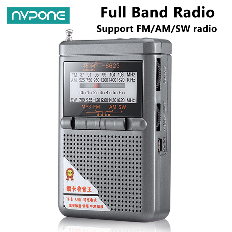 Radio FM AM SW Band Dunia Radio Mini dengan Tampilan LED Gesper Mendukung Kartu TF Headphone Jack Penerima Radio Universal