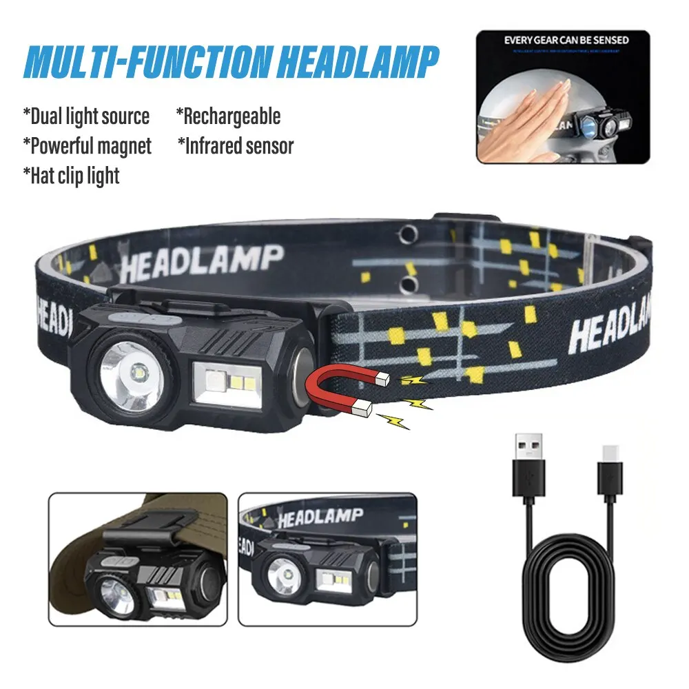 ミニ LED ヘッドランプモーションセンサーキャンプ釣りランタン USB 充電式ヘッドライトマグネット警告ランプキャップクリップライト