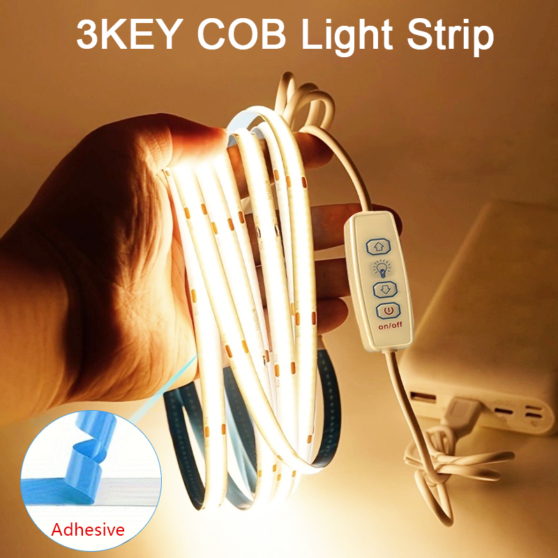 Tira de luces Led COB USB de 5V con atenuador de 3 teclas, cinta de diodo Flexible, blanco cálido para habitación, TV, espejo, retroiluminación, luz de gabinete