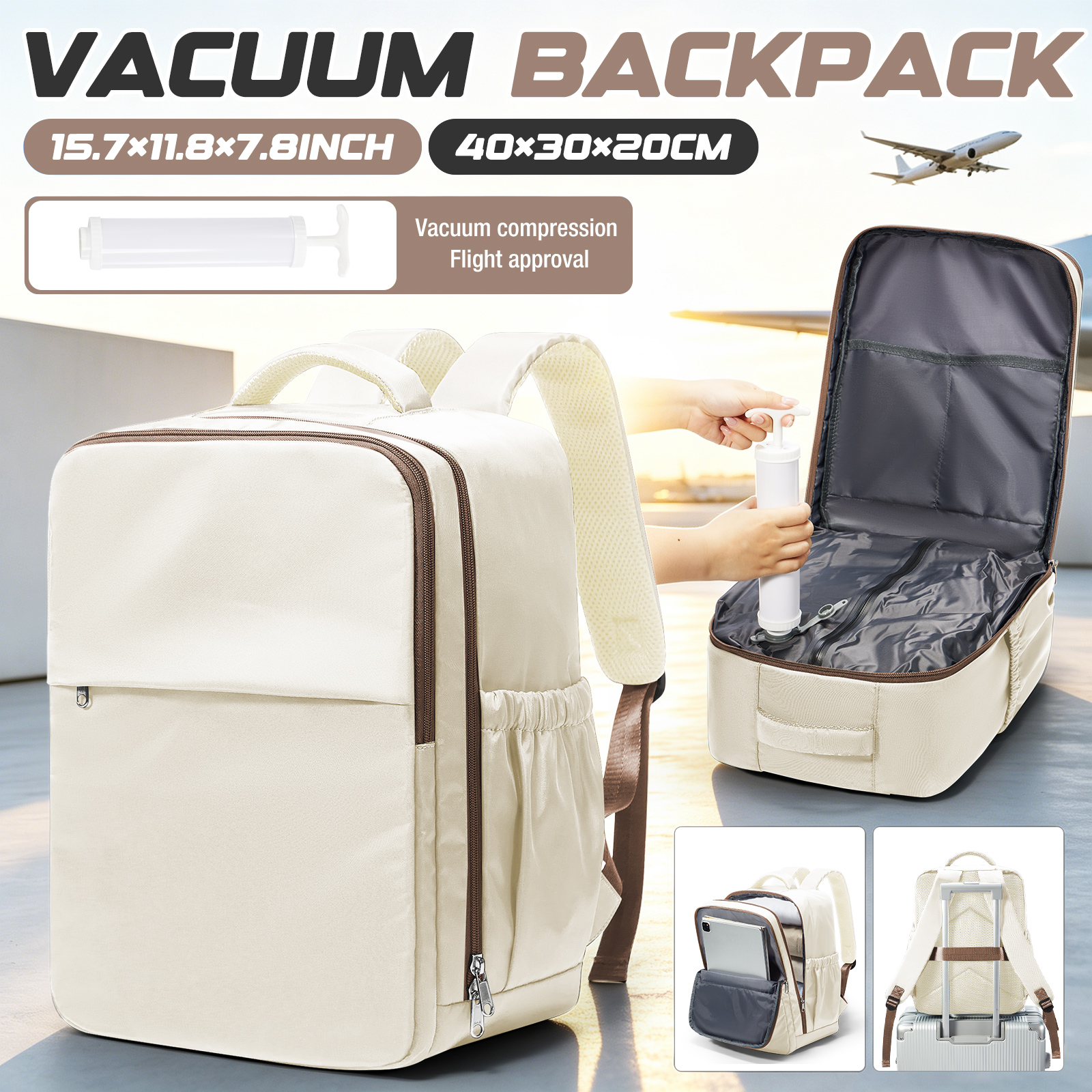 Tas Ransel Vakum dengan Pompa Manual, Tas Ransel Ryanair 40x30x20, Tas Laptop untuk Pesawat, Tas Sekolah, Tas Travel, Tas Kabin Pesawat