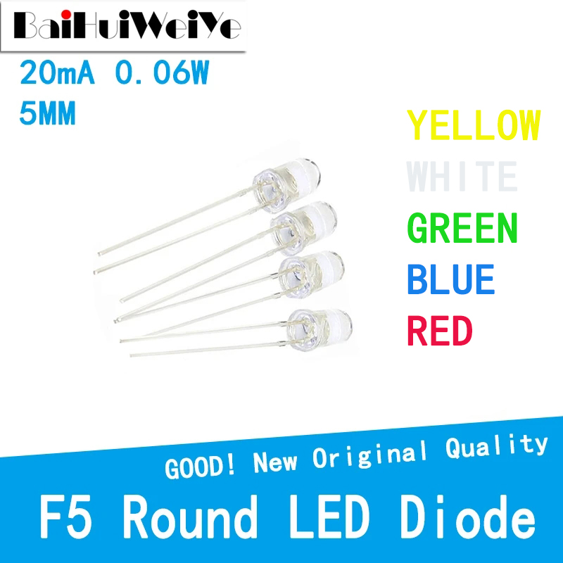 100 sztuk/partia nogi UltraBright czerwony/zielony/niebieski/biały/żółty Ultra Bright przezroczysty 5MM okrągły LED dioda F5 20(mA)0.06 (W) 3V-3.3V