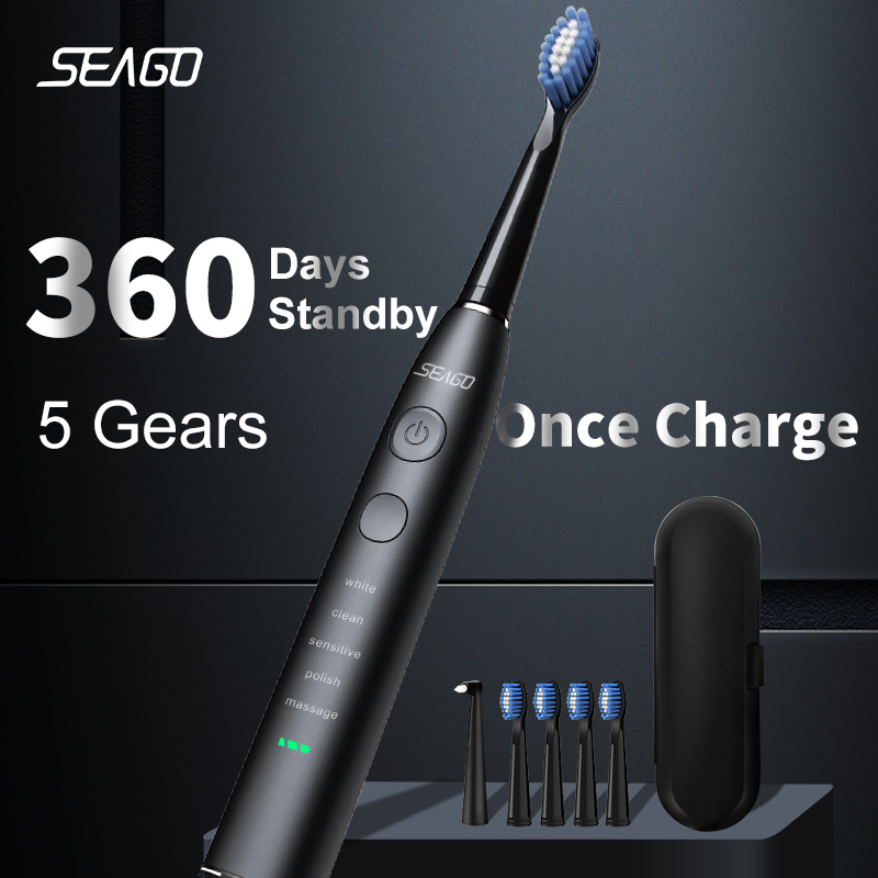 Cepillo de dientes eléctrico Seago, recargable por USB, para adultos, 360 días de duración de la batería, IPX7, 4 cabezales de repuesto, caja de viaje SG-575