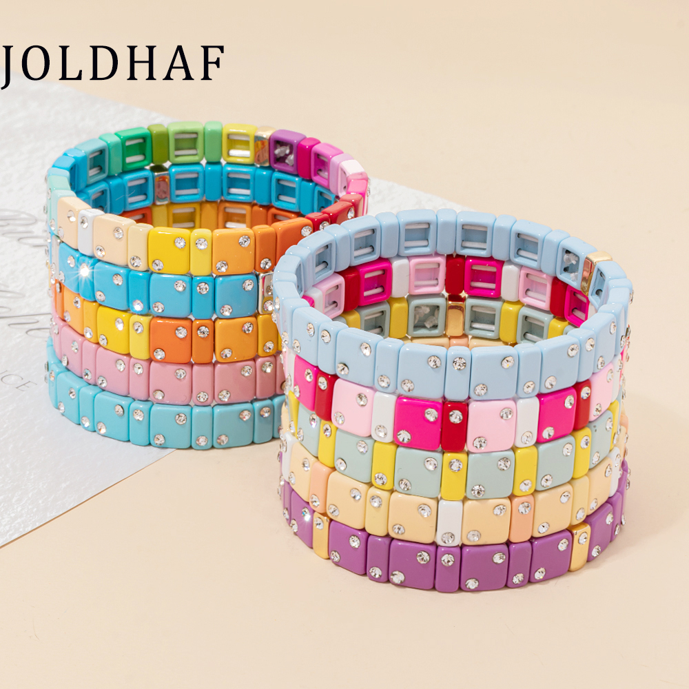 Enamel Bracelets For Women Inlaid Diamond Elastic Bangle Colorful Jewelry Gift