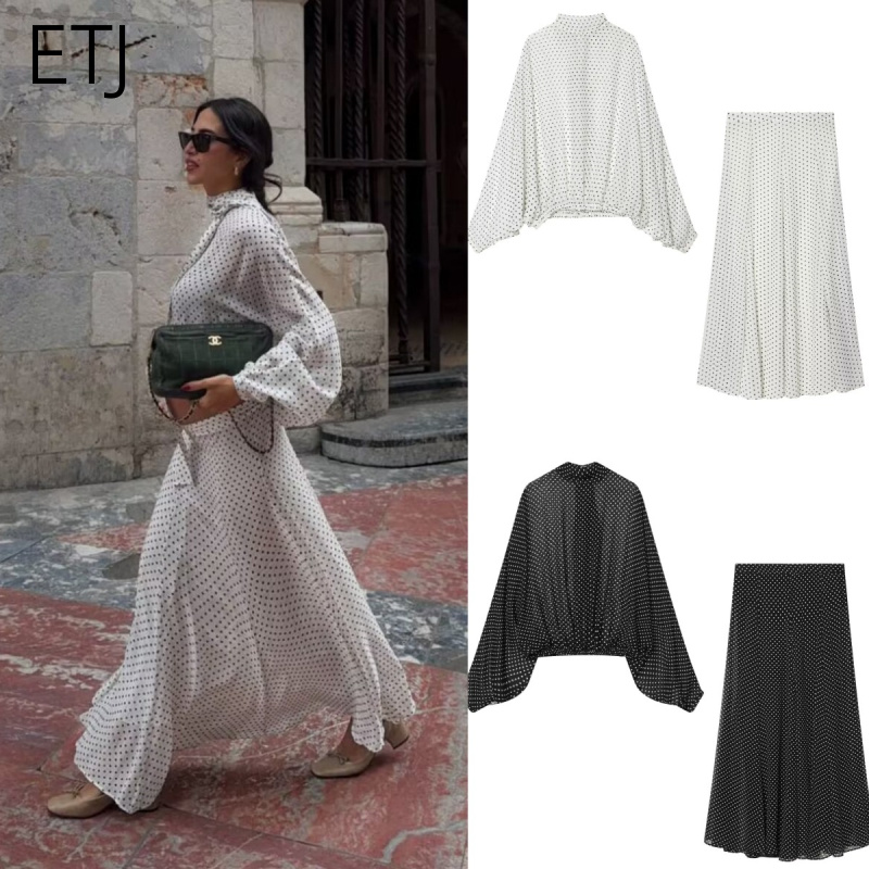 Set Blus dan Rok Polkadot Wanita ETJ 2026 Musim Semi Kerah Tinggi Lengan Kelelawar Transparan dengan Ikat Depan Model Midi A-Line