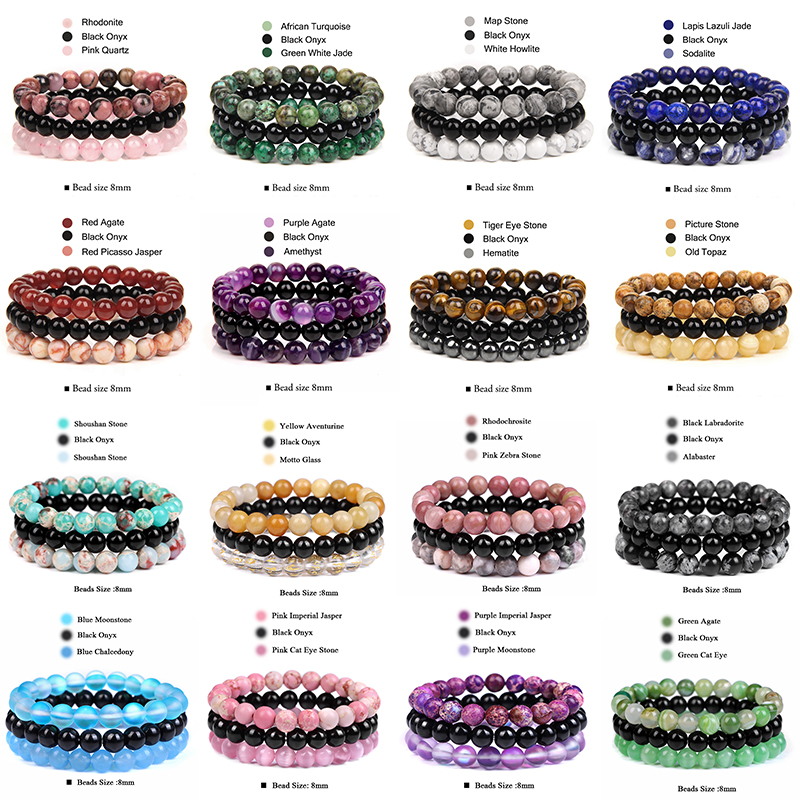 3 Buah/Set 8Mm Set Gelang Manik-manik Batu Alam Pink Zebra Rhodonite Moonstone Agates Hematite Gelang untuk Perhiasan Wanita Pria