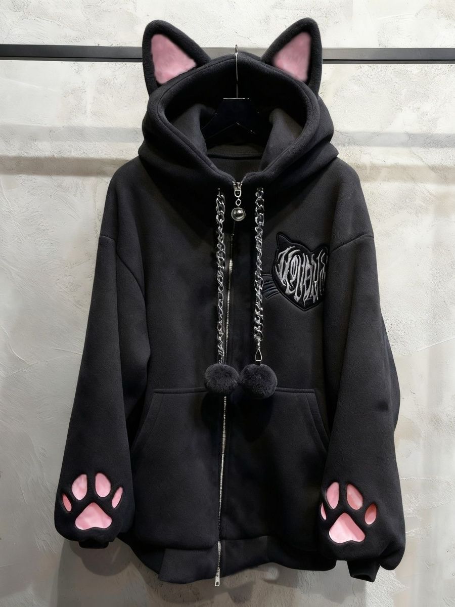 フリース裏地付き秋冬猫耳フード付き猫爪長袖ジャケット可愛いホームブラックキャットパンクロックスタイルレディーススウェットシャツ