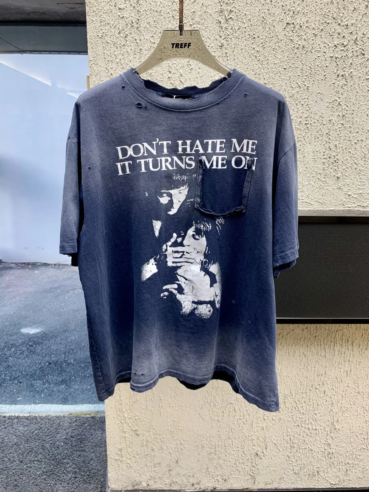 Nova Camiseta Masculina Azul Acinzentado Lavado com Estampa 'Don't Hate Me' - Estilo Hip Hop Skateboard Street em Algodão - Tamanho EUA E24