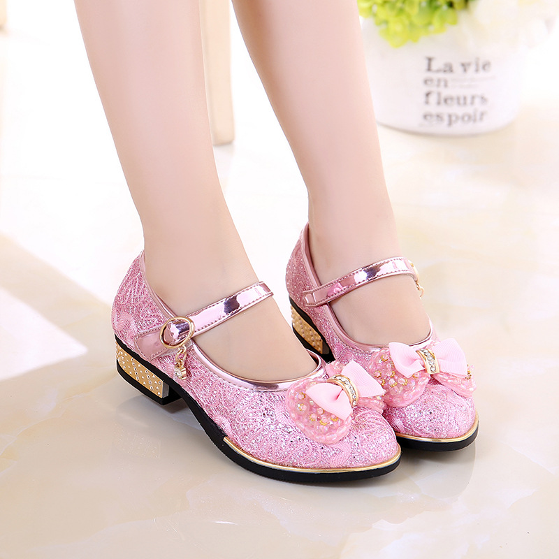 2025 Scarpe causali da donna Tacchi alti per bambini Scarpe da principessa per ragazze in pelle di cristallo arcobaleno lucido Scarpe oro rosa Taglia 23-36