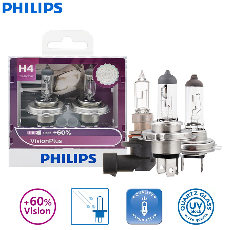 Автомобильные галогенные лампы Philips Vision Plus H1 H4 H7 H11 HB3 HB4 9005 9006, увеличение яркости на 60% + улучшение обзора, оригинальные лампы, пара