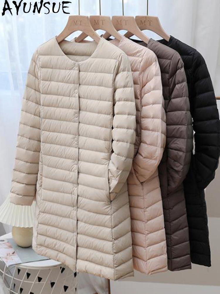 AYUNSUEฤดูหนาวUltra Lightบางเป็ดสีขาวลงเสื้อผู้หญิงฤดูใบไม้ร่วงฤดูหนาวยาวSlim Warm Basic Puffer Jacket Chamarras Para Mujer