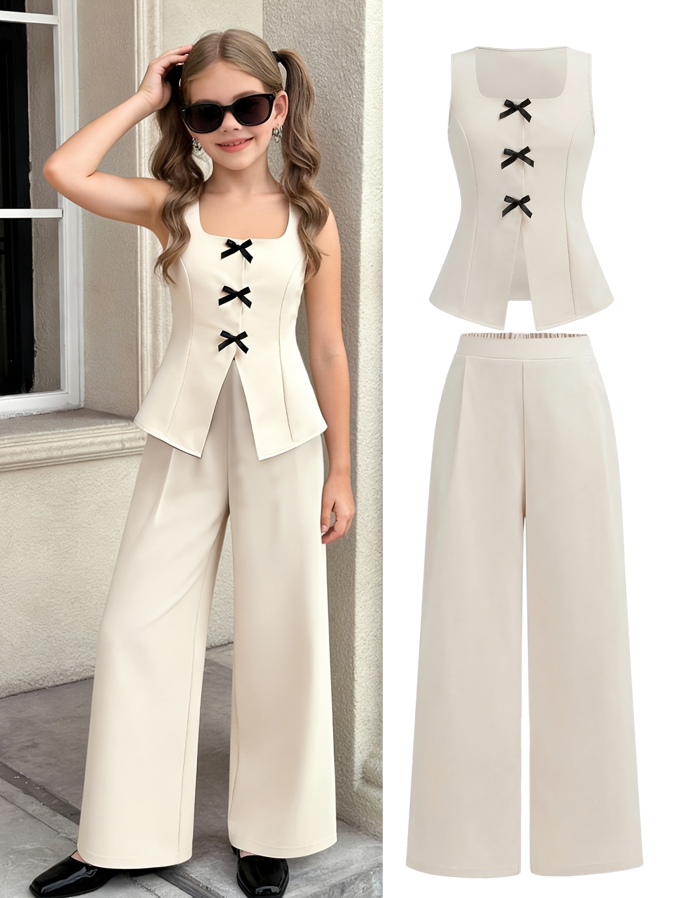 Girls' Bow-Decorated Slit-Hem Vest Top and Wide-Leg Pants Casual Set Suitable for 5-13 Year Old Teenage Girls for Daily Wear, Back-To-School, and Vacation Outfits