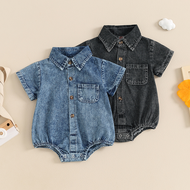 Macacão jeans infantil para meninos e meninas, manga curta, gola virada para baixo, botões, macacão de bebê casual, verão