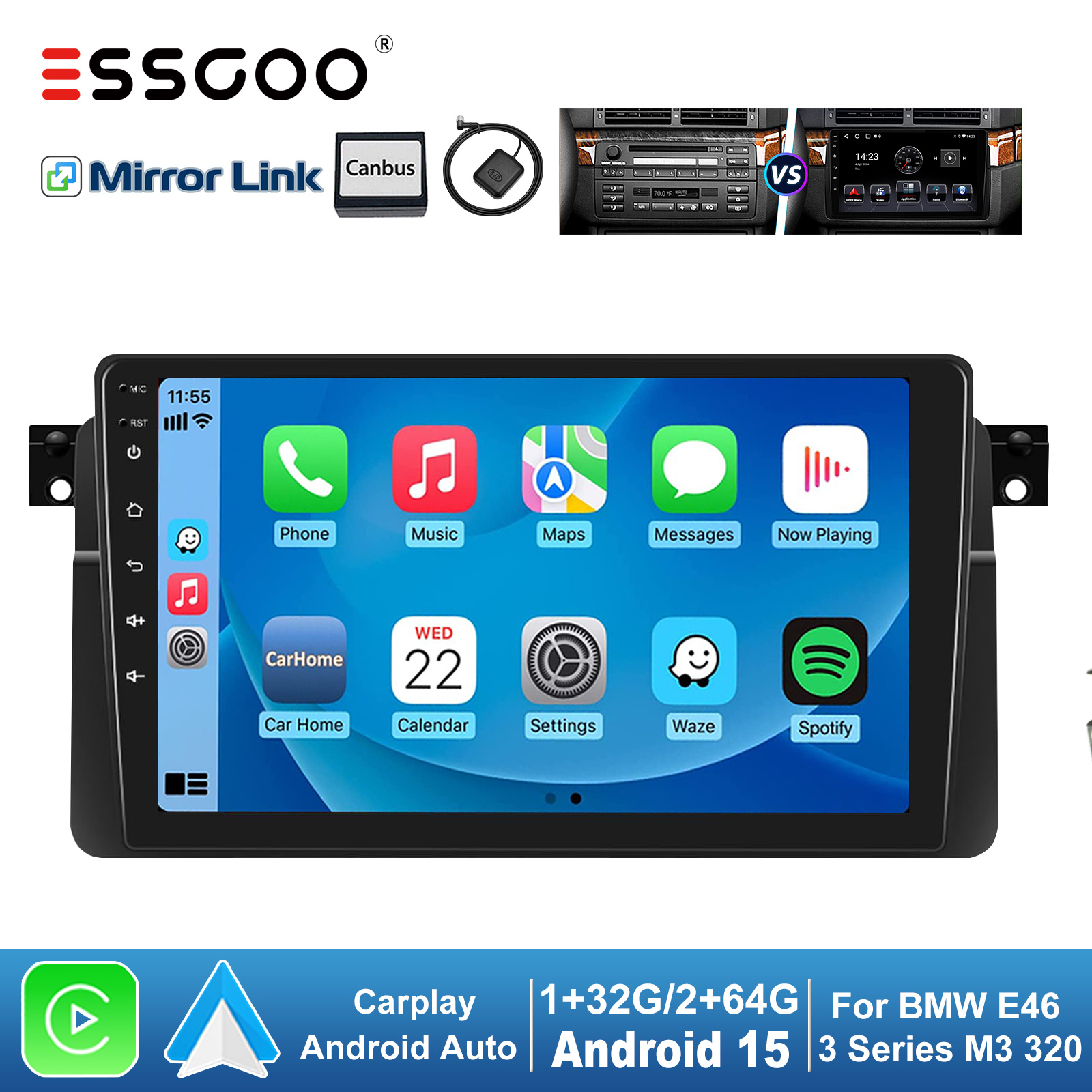 ESSGOO 9 "Android 15 รถวิทยุสเตอริโอสําหรับBMW E46/ M3 / Rover 75 / MG ZT (1998-2006) Carplay/Android Auto Touchscreen GPS Nav BT