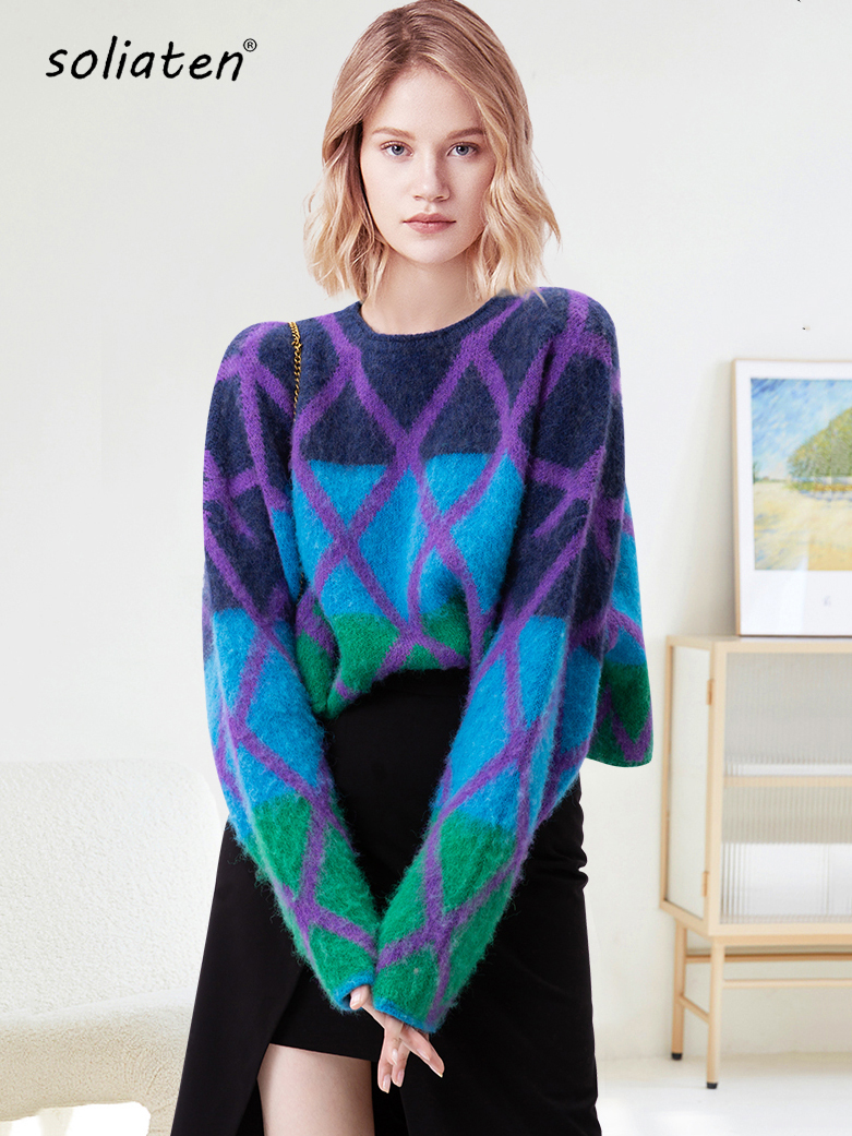 Suéter de Mohair de calidad de marca para mujer, jerséis tejidos de manga larga con cuello redondo y bloques de colores, ropa de invierno para mujer 2025 C-181