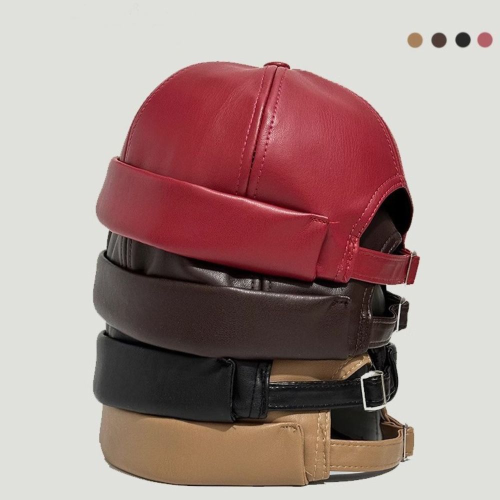 Casual Retro Brimless Hat PU Leather Adjustable Melon Skin Caps Solid Color Docker Cap Autumn Winter
