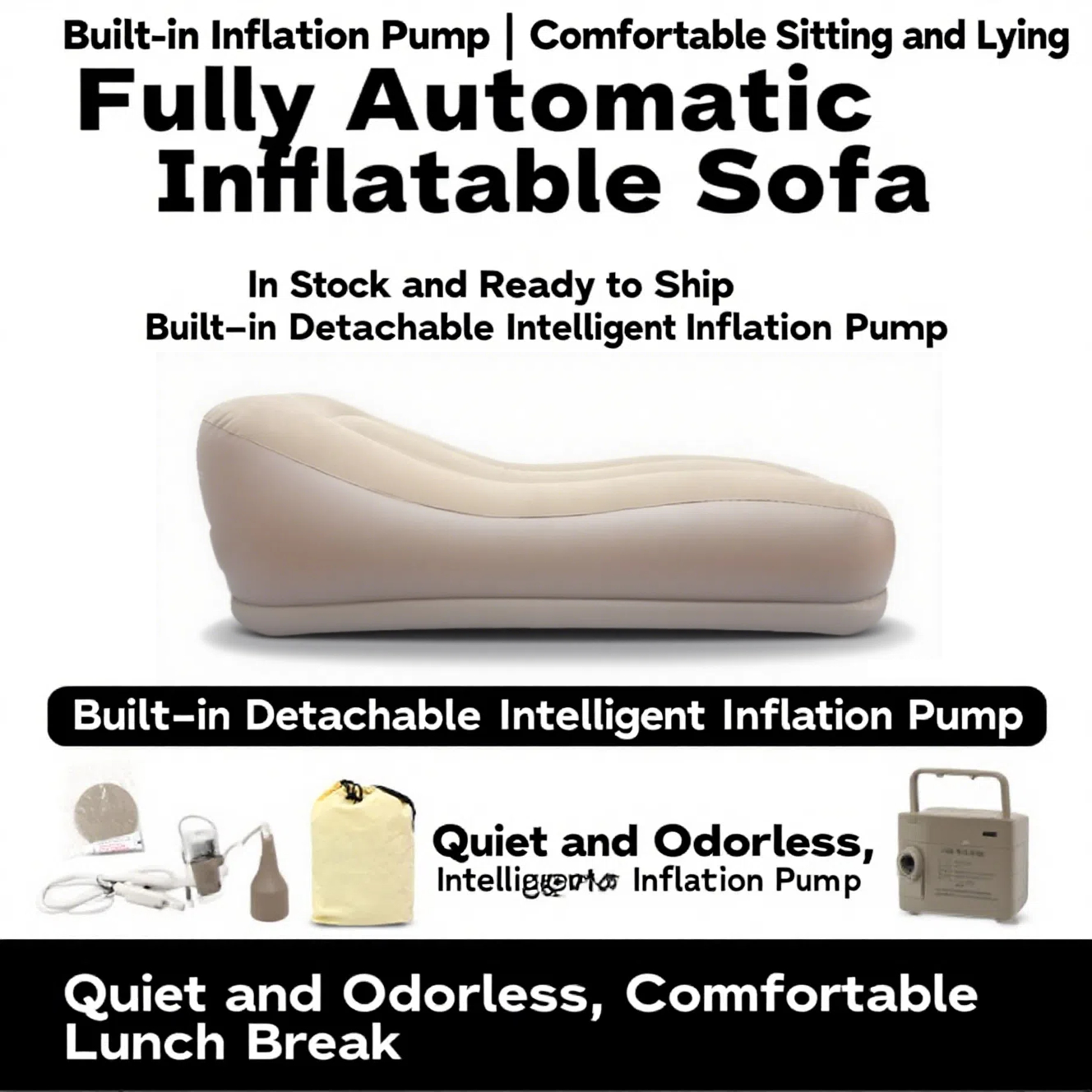 Canapé gonflable entièrement automatique avec pompe intégrée détachable, silencieux, inodore, chaise longue portable pour la pause déjeuner au bureau, la vie à domicile