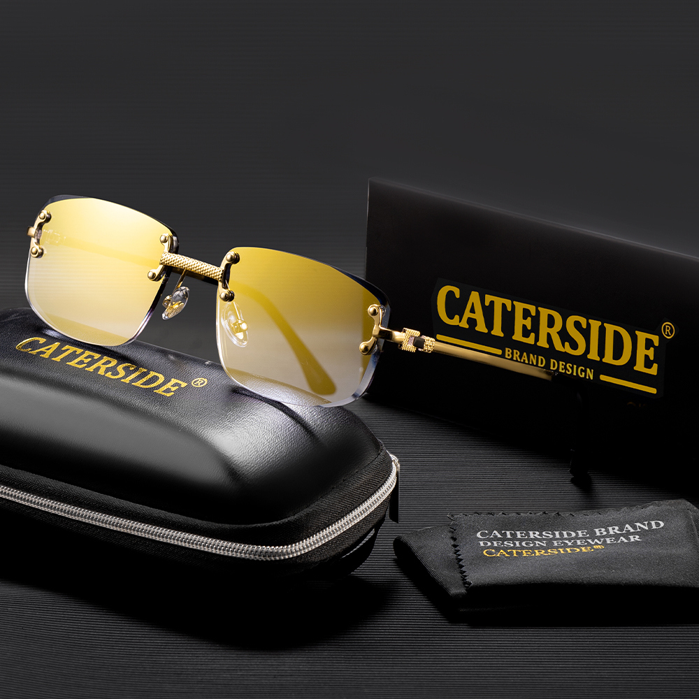 CATERSIDE แฟชั่นแว่นตากันแดดไร้กรอบผู้ชายผู้หญิงหรูหราปาร์ตี้กลางแจ้งแว่นตากันแดดกรอบโลหะกระจกไล่โทนสีเลนส์แว่นตา